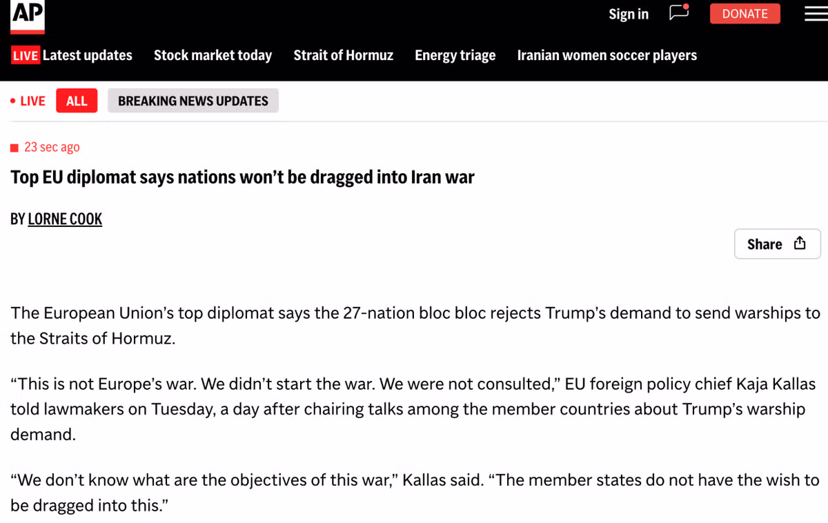 [속보] EU 27개국, '트럼프 군함요청 거부' 2