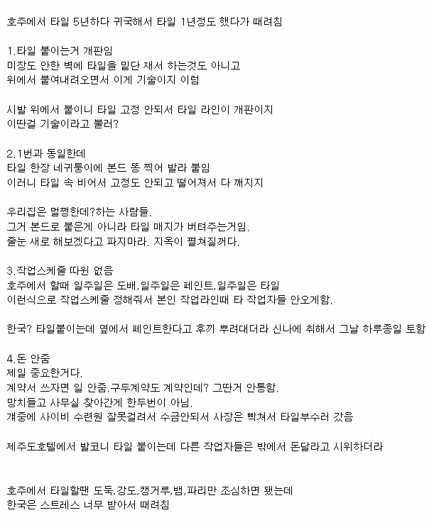 호주에서 타일 5년하다 귀국하고 한국에서 타일 1년 하다가 때려침 2