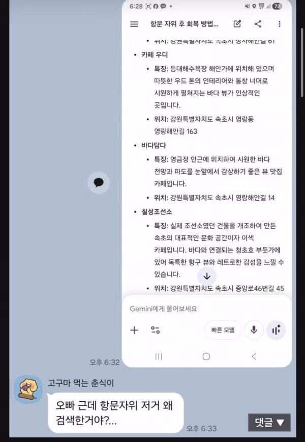제미나이와 대화하다 여자친구에게 들킨 아찔한 상황 - 인벤 인기글 이미지 2 - 밈카세