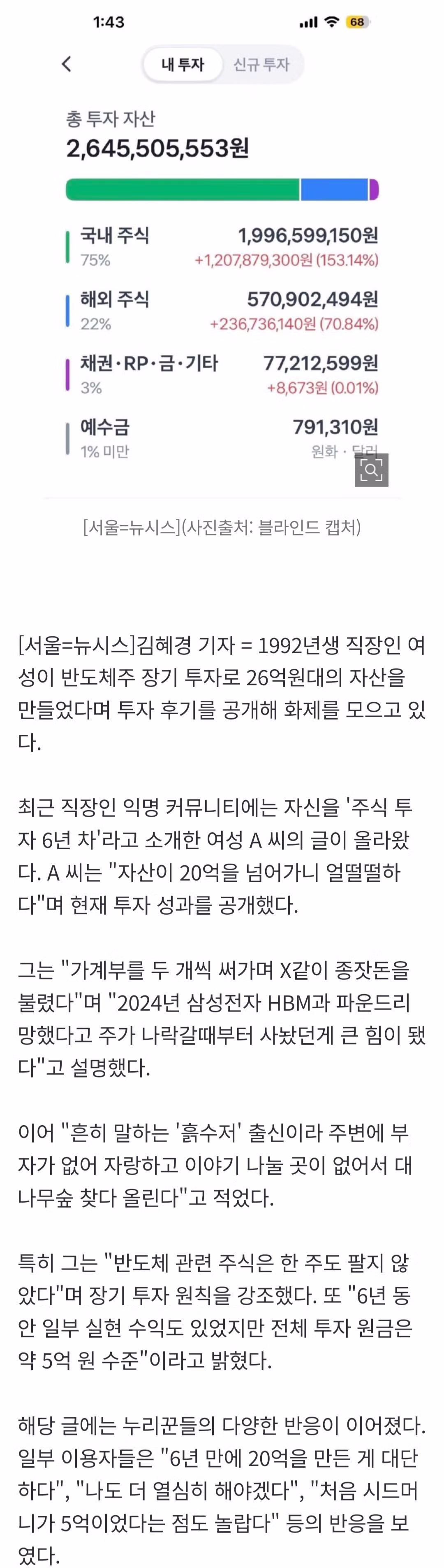 삼전 저점 매수로 26억 자산 형성한 92년생 - 인스티즈 인기글 이미지 1 - 밈카세