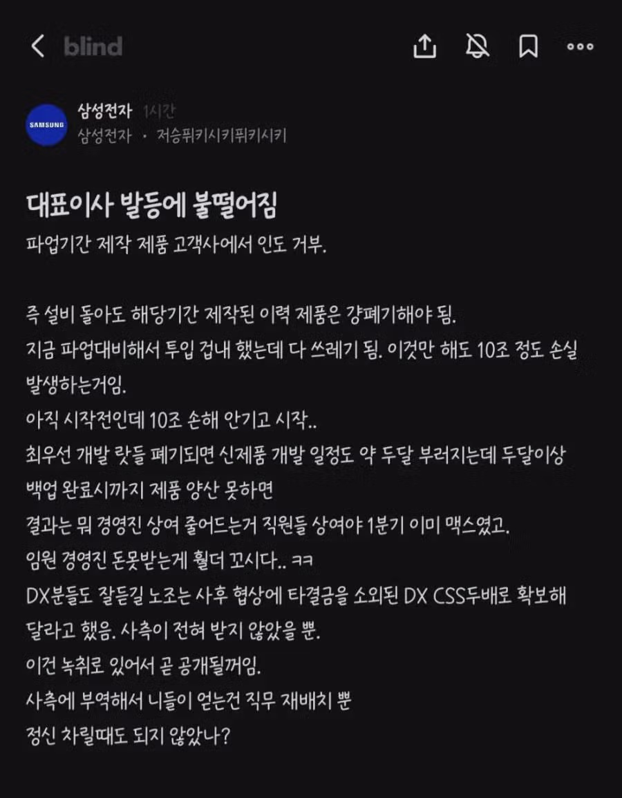 삼성전자 파업 상황 정리 - 보배드림 인기글 이미지 1 - 밈카세
