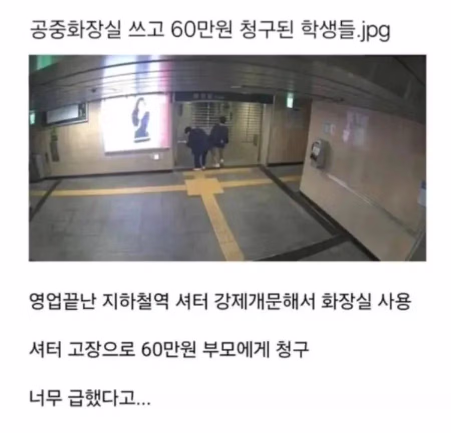 공중화장실 이용 후 60만원 청구받은 학생들 - SLR클럽 인기글 이미지 1 - 밈카세