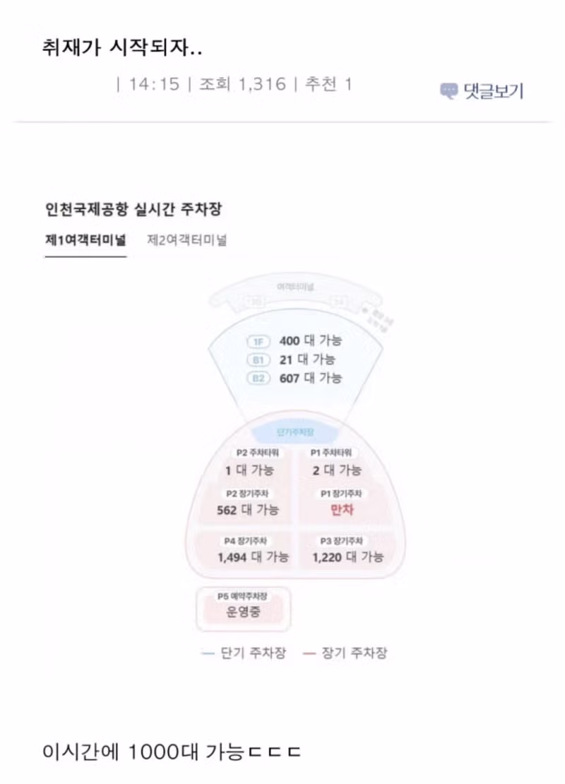 주말 오후 인천공항 주차장의 모습 - 더쿠 인기글 이미지 1 - 밈카세