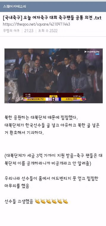 경기 후 인공기 펼치는 북한 선수들과 축구팬들의 반응 - 클리앙 인기글 이미지 2 - 밈카세
