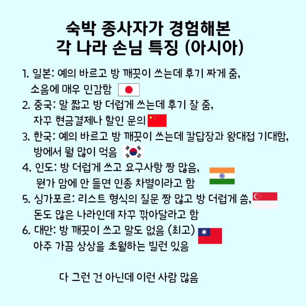 숙박업자가 경험해본 각 나라 특징.jpg - SLR클럽 인기글 이미지 1 - 밈카세