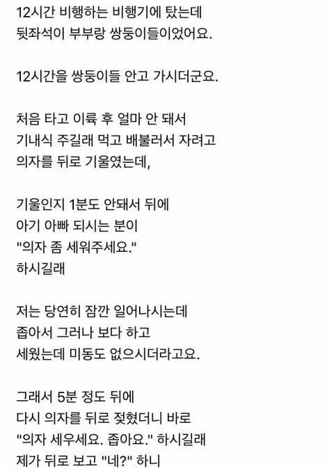 12시간 비행에 쌍둥이 둘 안고 탄 부부 - 보배드림 인기글 이미지 1 - 밈카세