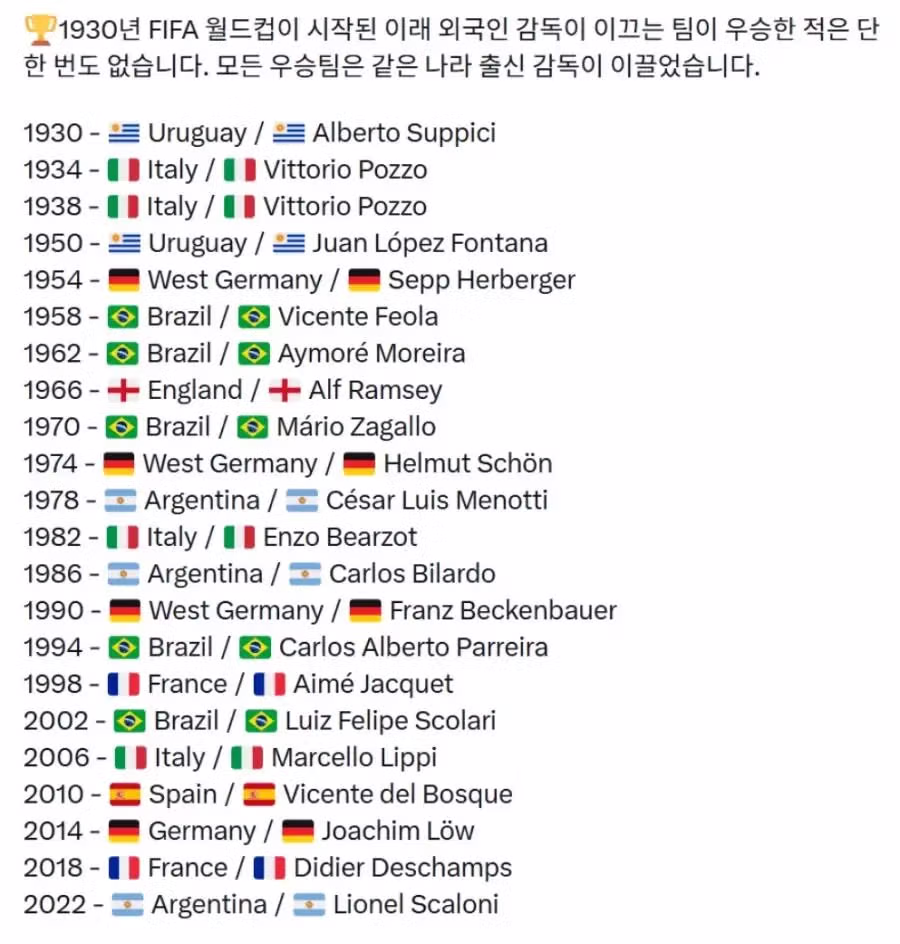 외국인 감독으로는 우승한 적 없는 월드컵 역사 - 뽐뿌 인기글 이미지 1 - 밈카세