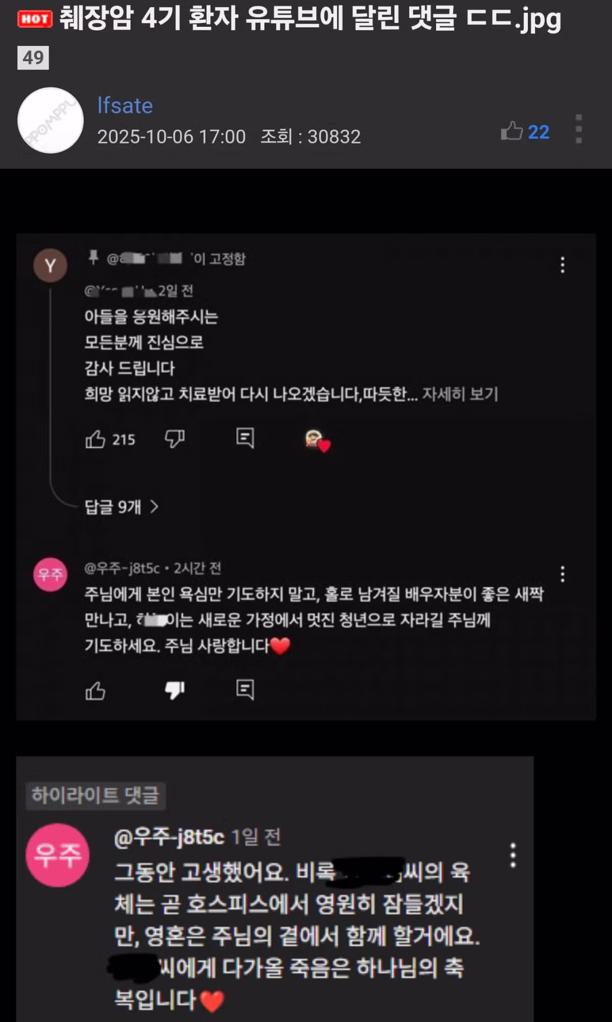췌장암 4기 환자 유튜브 영상에 달린 감동적인 댓글 반응 - 인벤 인기글 이미지 1 - 밈카세