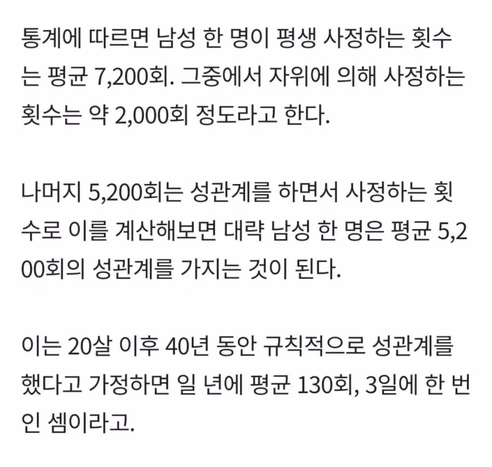 남성들의 평생 사정 횟수 통계 - 뽐뿌 인기글 이미지 1 - 밈카세