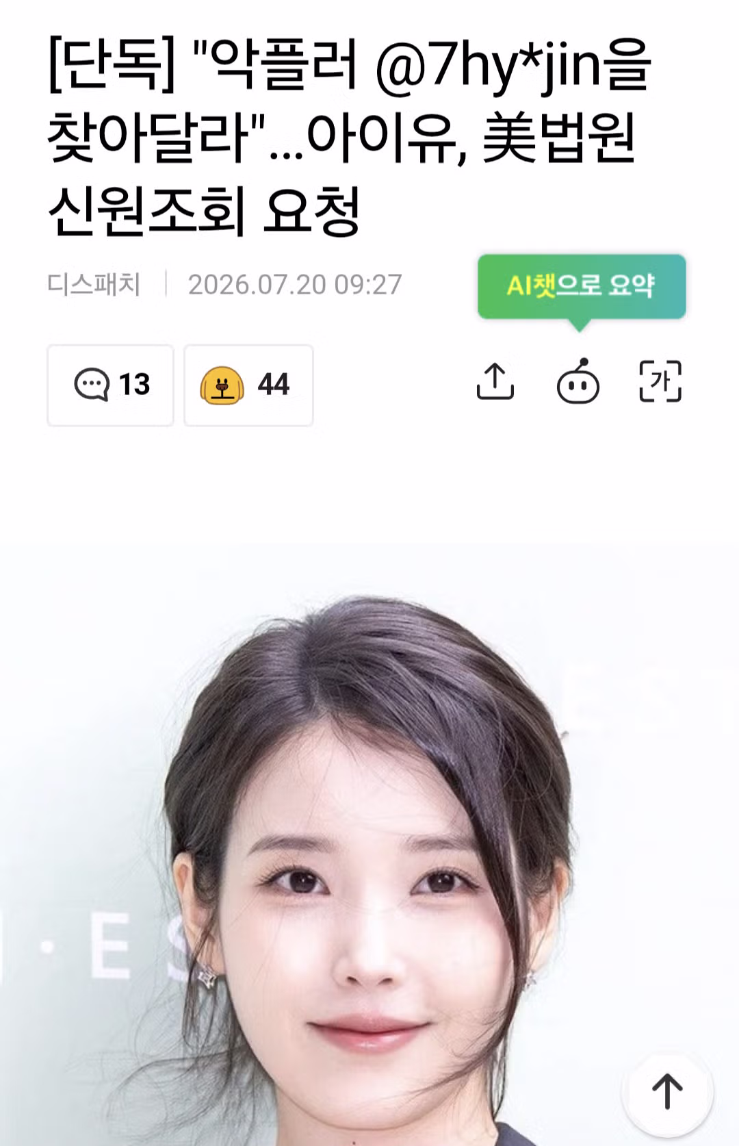 아이유 미국 법원에 악플러 신원 조회 요청 - 인벤 인기글 이미지 1 - 밈카세