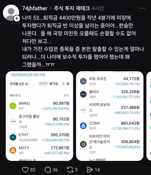 퇴직금 전부를 미국 주식에 투자한 남자의 최후 - 디시인사이드 인기글 이미지 1 - 밈카세