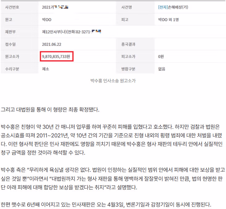 [단독]박수홍 민사소송 ‘198억 아닌 98억’…“욕심없이 실질적 피해보상 원해” 4