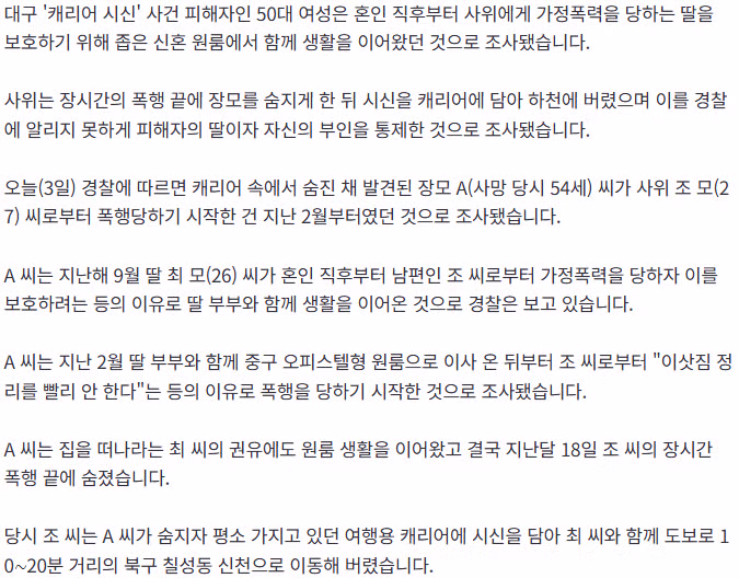 '캐리어 시신' 장모, 폭력 사위로부터 딸 보호하려 신혼 원룸 동거 2